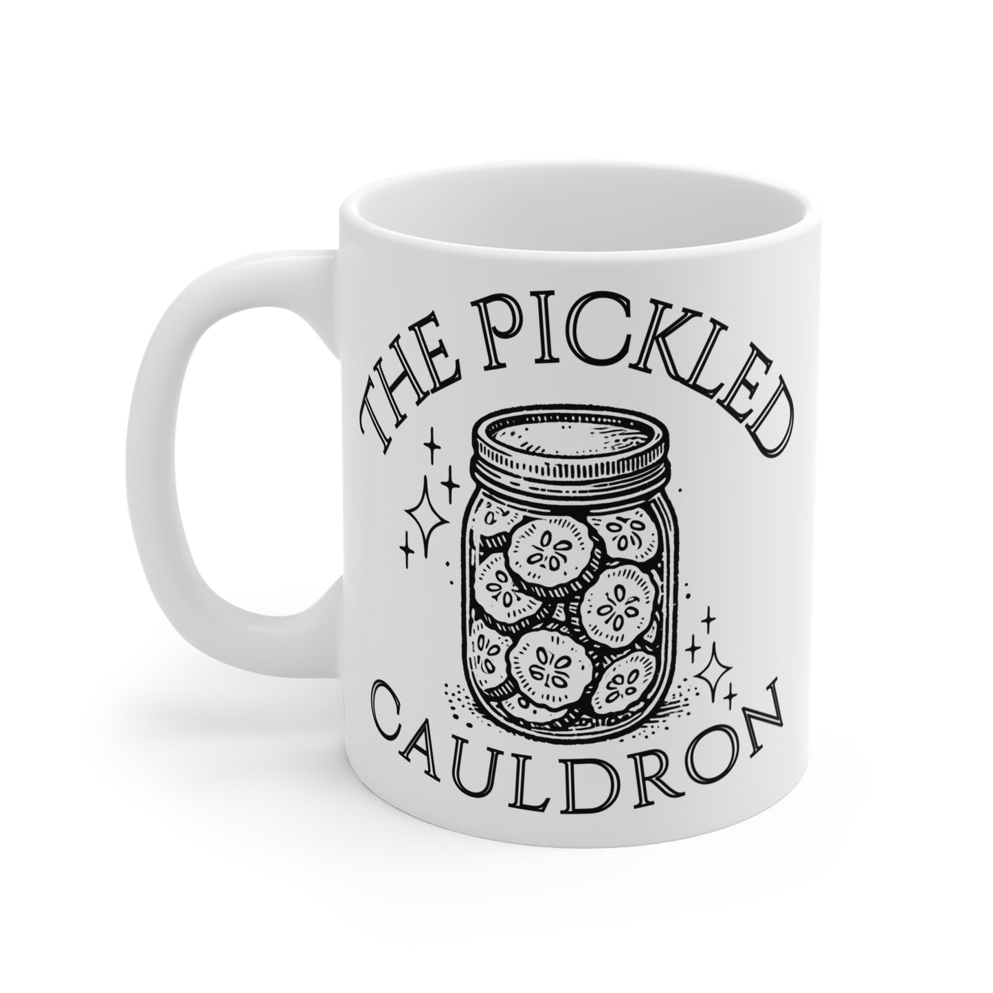 The Pickled Cauldron Mug – 11oz Ceramic Mug Featuring Pickle Pal & Logo